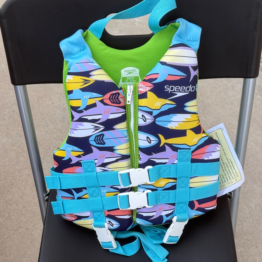 Speedo Kids Swim Vest - Multicolor Fish Print with Teal & Lime Accents